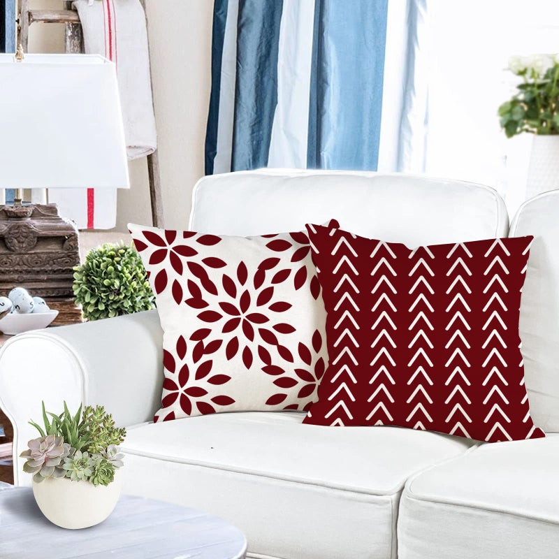 YCOLL Christmas Pillow Covers 18x18 Set of 4, Modern Sofa Throw Pillow Cover for Christmas Decor, Decorative Outdoor Linen Fabric Pillow Case for Couch Bed Car, Wine Red - Image 3